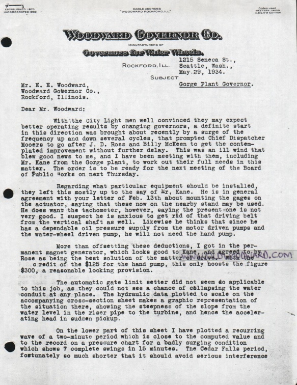 GORGE PLANT GOVERNOR.  MAY 1934 LETTER.